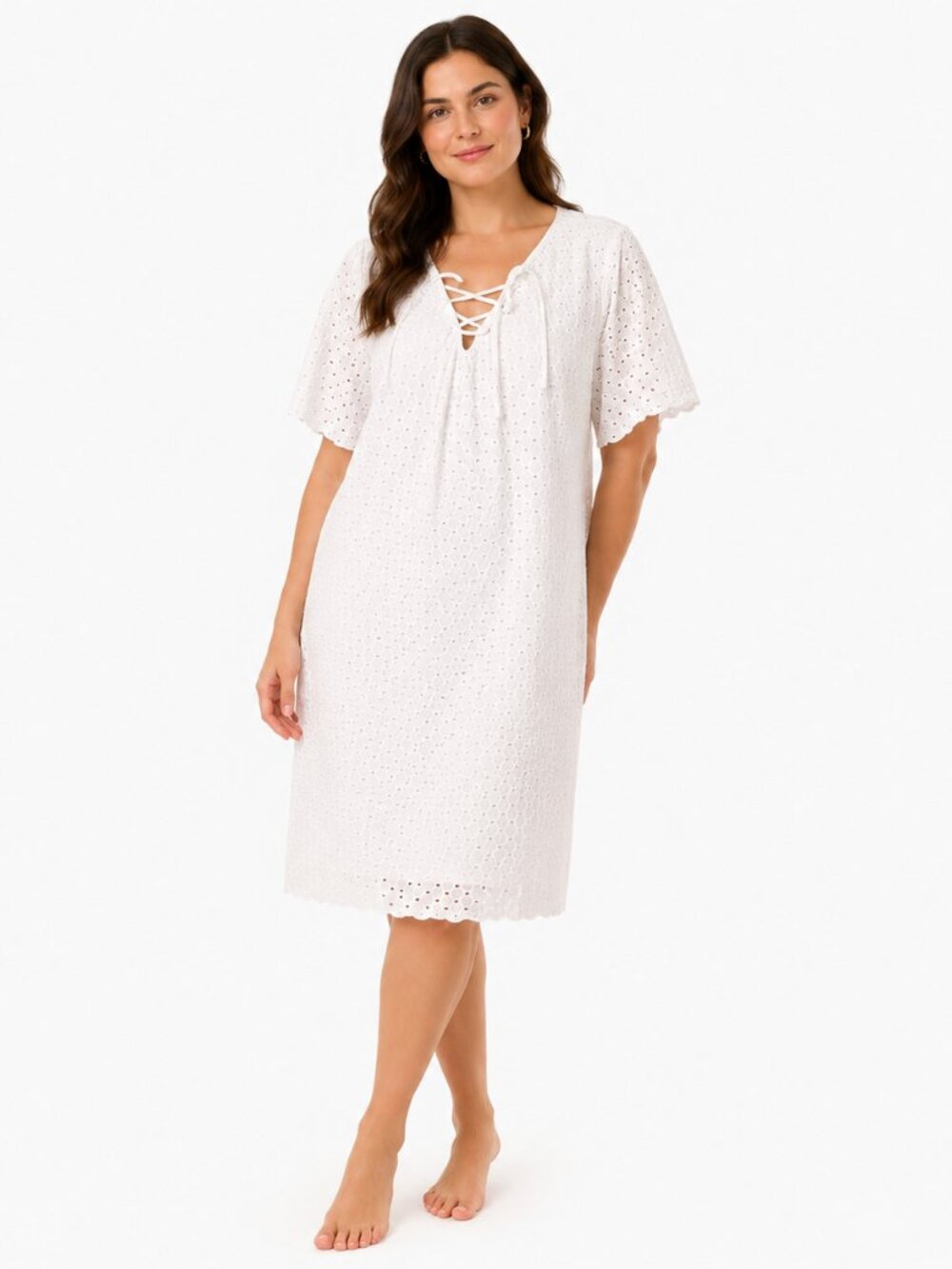 Dip Eyelet Lace Embroidered Bodice Short Sleeve Schiffli Dress White Cotton Sz M